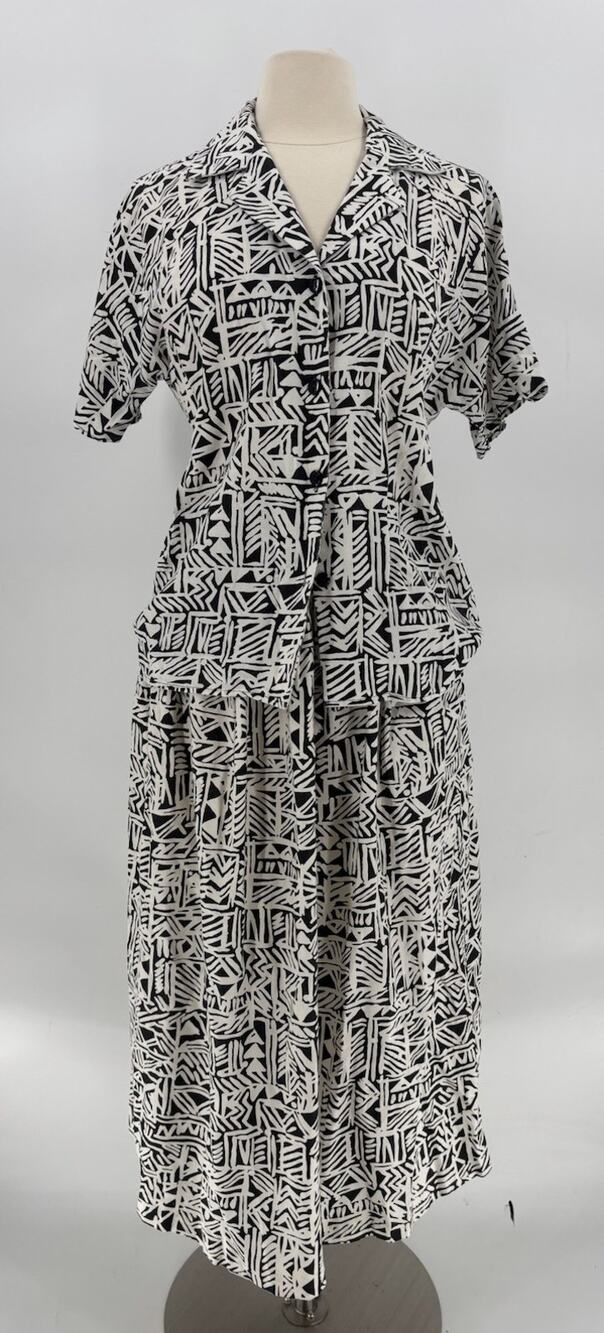 Vintage Stefanie Skirt Set Womens 12 Black White Pleated Abstract 80s 90s Casual